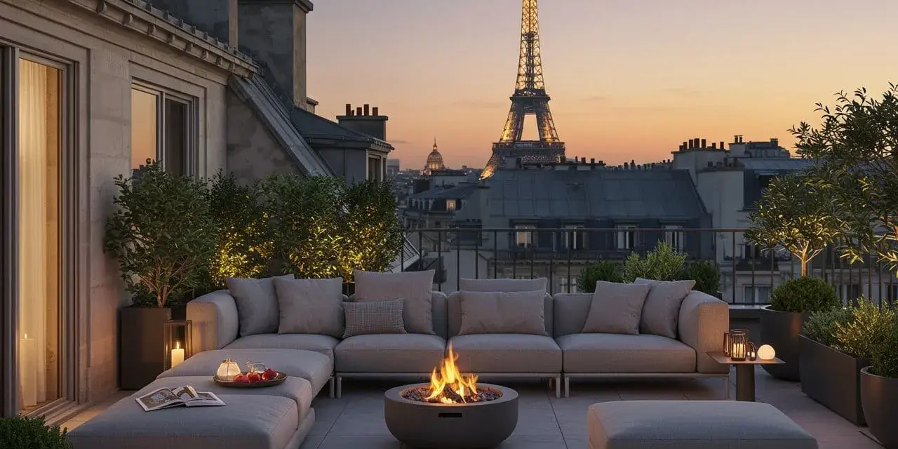 Aménagement toit terrasse parisien avec vue sur la Tour Eiffel, mobilier confortable et feu de camp.
