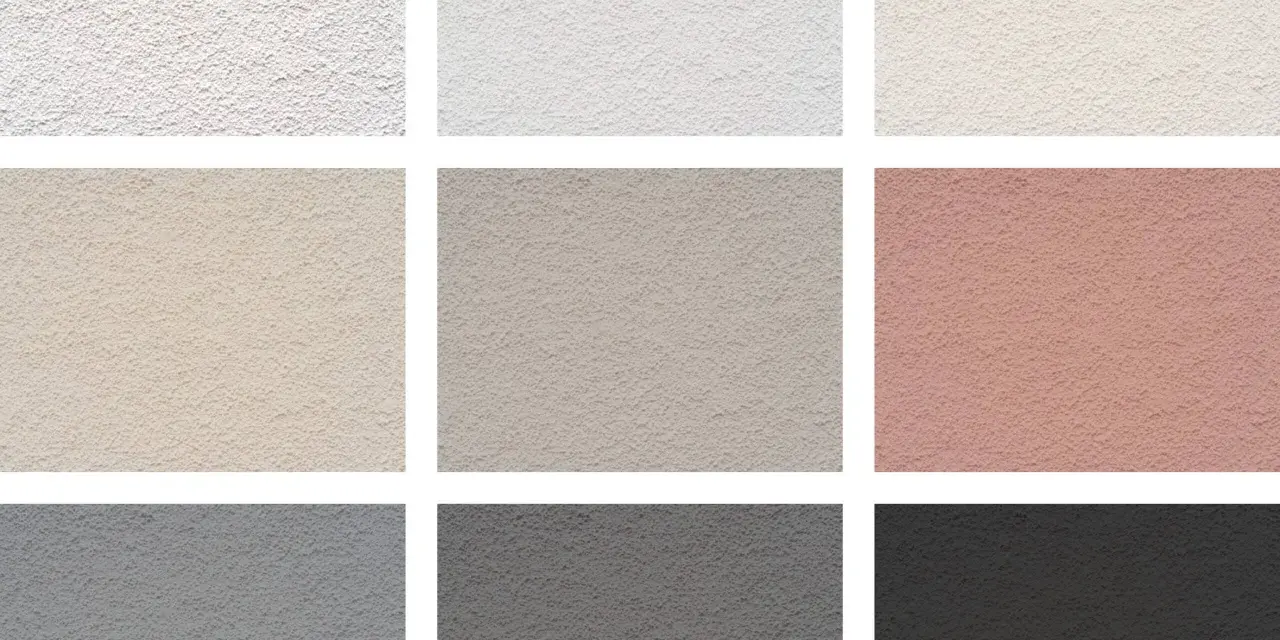 Échantillons de textures de crépi pour une façade maison : blanc, beige, gris, rose.