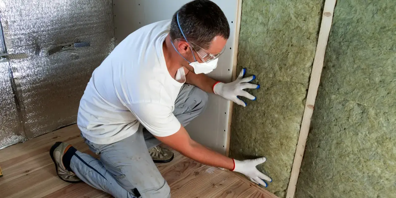 Un ouvrier installe de la laine de verre inflammable dans un mur, portant masque et lunettes de protection.