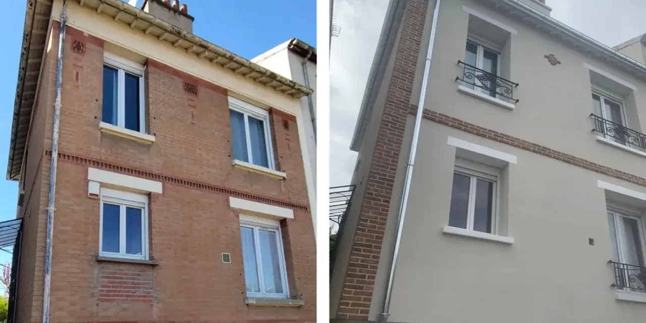 Rénovation d'une façade : avant, la brique est usée ; après, elle est ravalée et repeinte en beige clair.