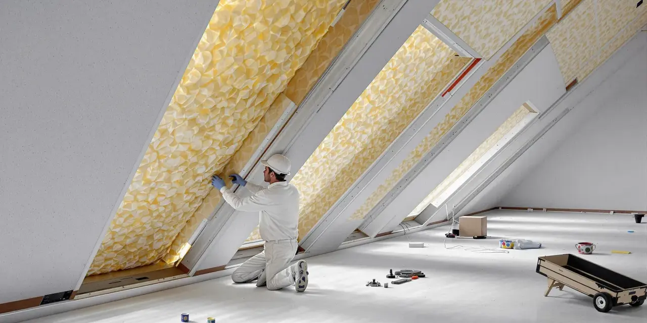 Un ouvrier installe un isolant thermique jaune texturé dans un grenier. C'est le meilleur isolant thermique pour une maison confortable.