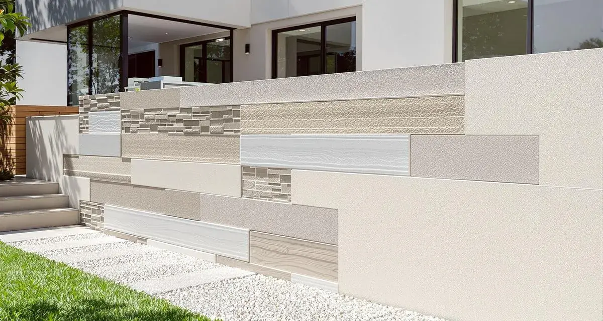 Un muret extérieur aux textures variées, allant du grain fin au bois, est prêt à enduire pour un look moderne et élégant.