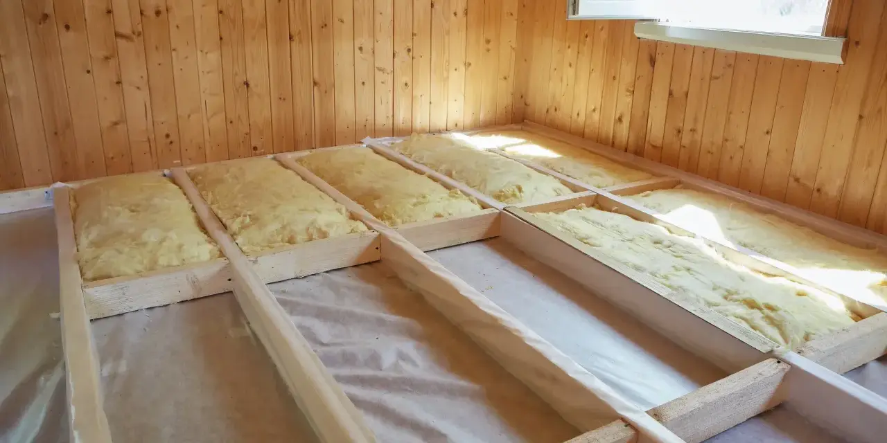 Isolation entre solives de plancher en cours. Laine de verre jaune posée dans la structure en bois.