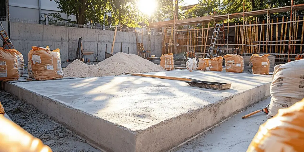 Chantier de terrasse : sacs de matériaux pour terrasse béton, sable et béton frais sous le soleil.
