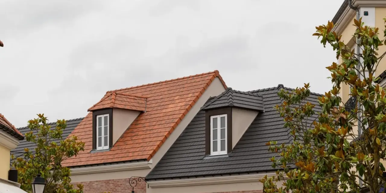 Toits de bâtiments avec différents types de tuiles : une toiture en tuiles d'argile orangées et une autre en tuiles d'ardoise grises.