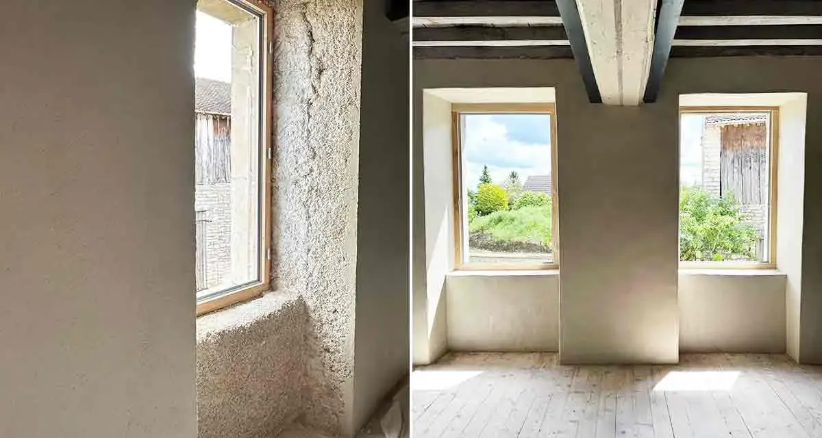 Avant/après : l'isolation chaux chanvre transforme une pièce. Les murs bruts laissent place à une finition lisse et chaleureuse.
