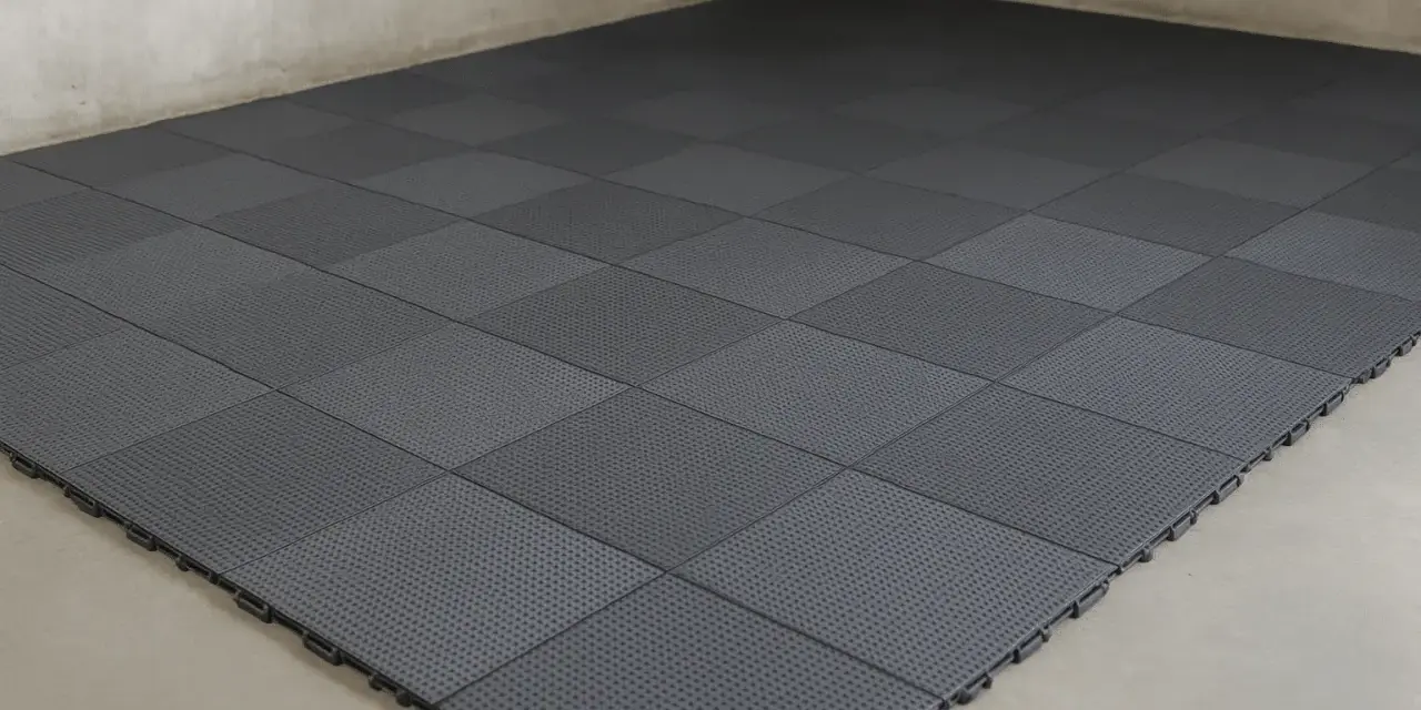 Dalles modulaires grises posées sur un sol de garage. L'épaisseur de la dalle béton garage est ici optimisée par ce revêtement pratique.