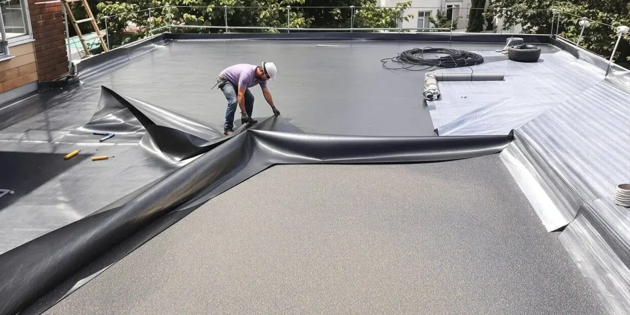 Pose d'une membrane d'étanchéité pour l'isolant toit plat. Un ouvrier déroule la bâche noire sur le toit.