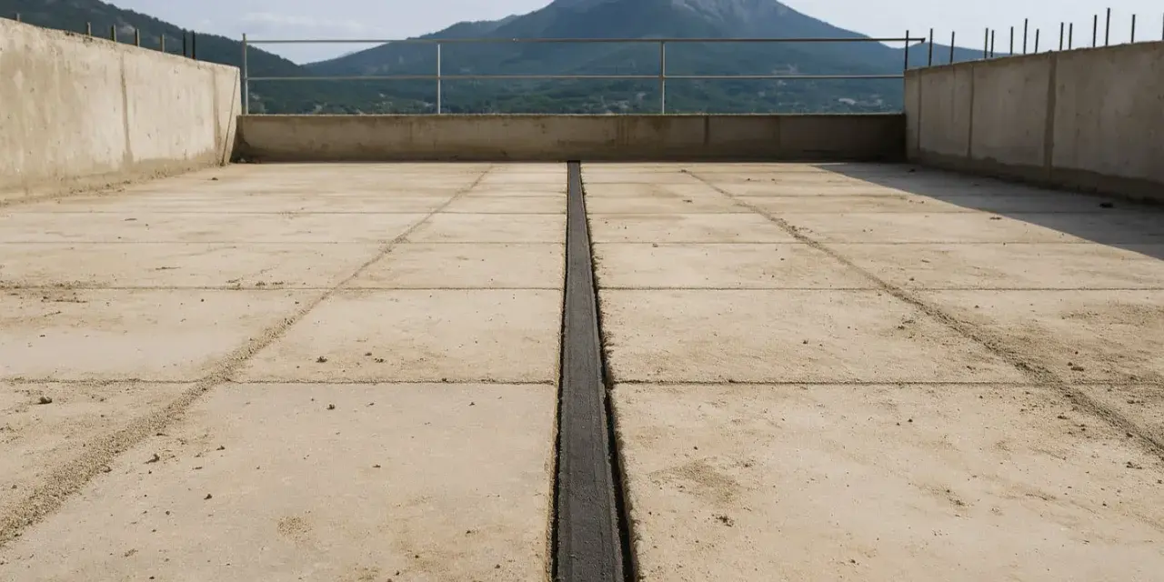 Dalle en béton avec un joint de dilatation noir au centre, offrant une étanchéité parfaite. Vue sur une montagne.