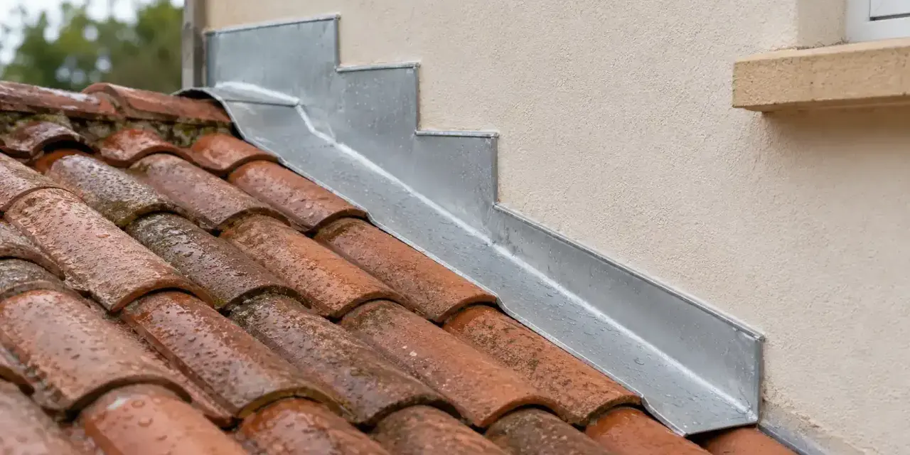 Détail d'une pose de solin en zinc contre un mur, protégeant les tuiles de la pluie.