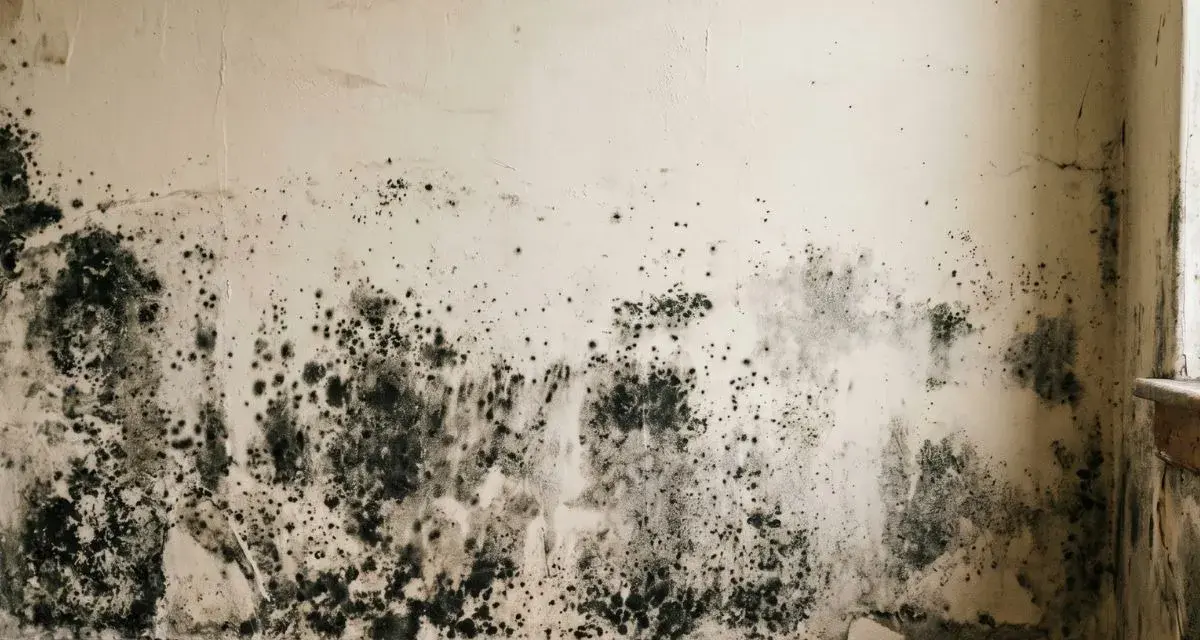 Murs blancs couverts de moisissure noire et verte, près du sol.