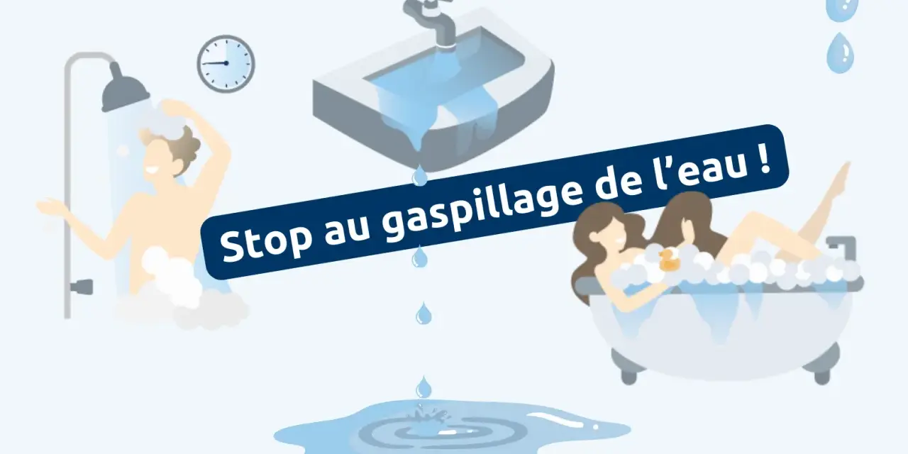 Des gouttes d'eau tombent d'un lavabo et d'une douche, illustrant le gaspillage d'eau à la maison. Une baignoire pleine de mousse est également visible.