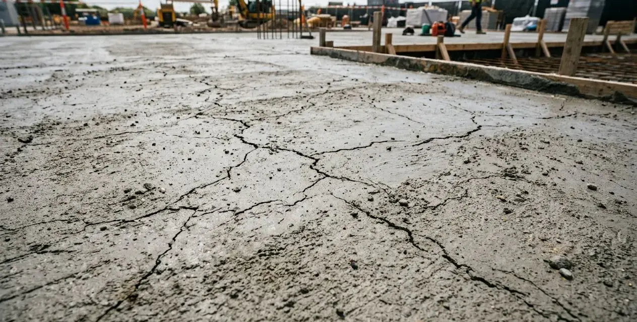 Dalle de béton fraîchement coulée présentant des fissures. Chantier en arrière-plan.