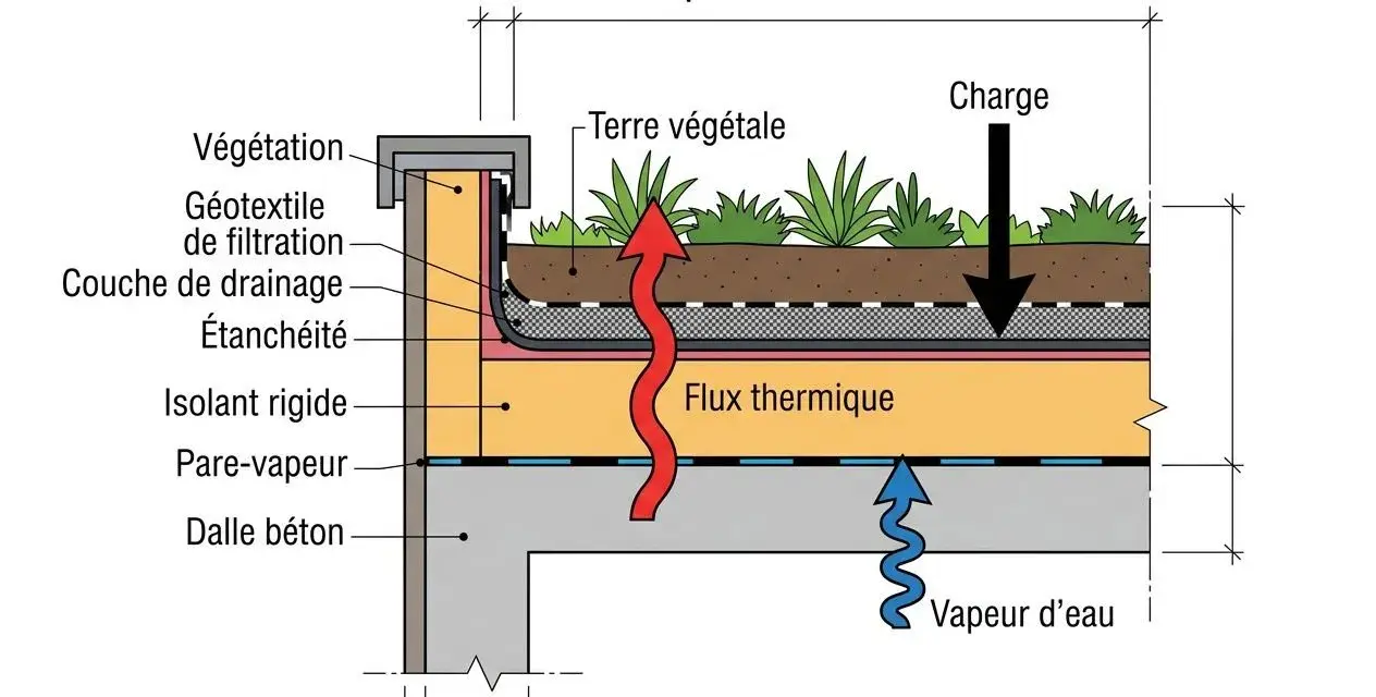 Coupe d'un toit végétalisé : terre végétale, géotextile, drainage, étanchéité, isolant rigide. Laine végétale pour isolation thermique.