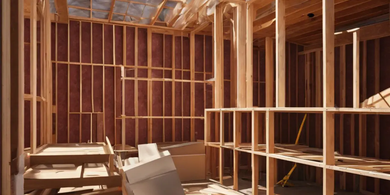 Intérieur d'une maison en construction, avec charpente en bois et pose de laine de verre sur les murs.