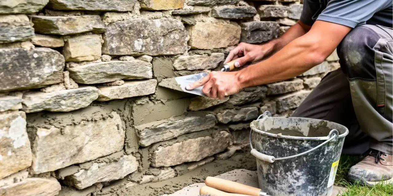 Un maçon applique du mortier sur un mur de pierres brutes, assurant un **traitement pierre** durable. Outils et seau de ciment à proximité.