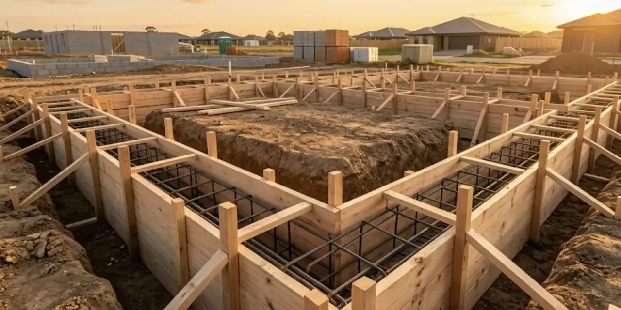 Construction d'une fondation : on peut voir le travail pour faire un coffrage en bois, prêt à recevoir le béton.