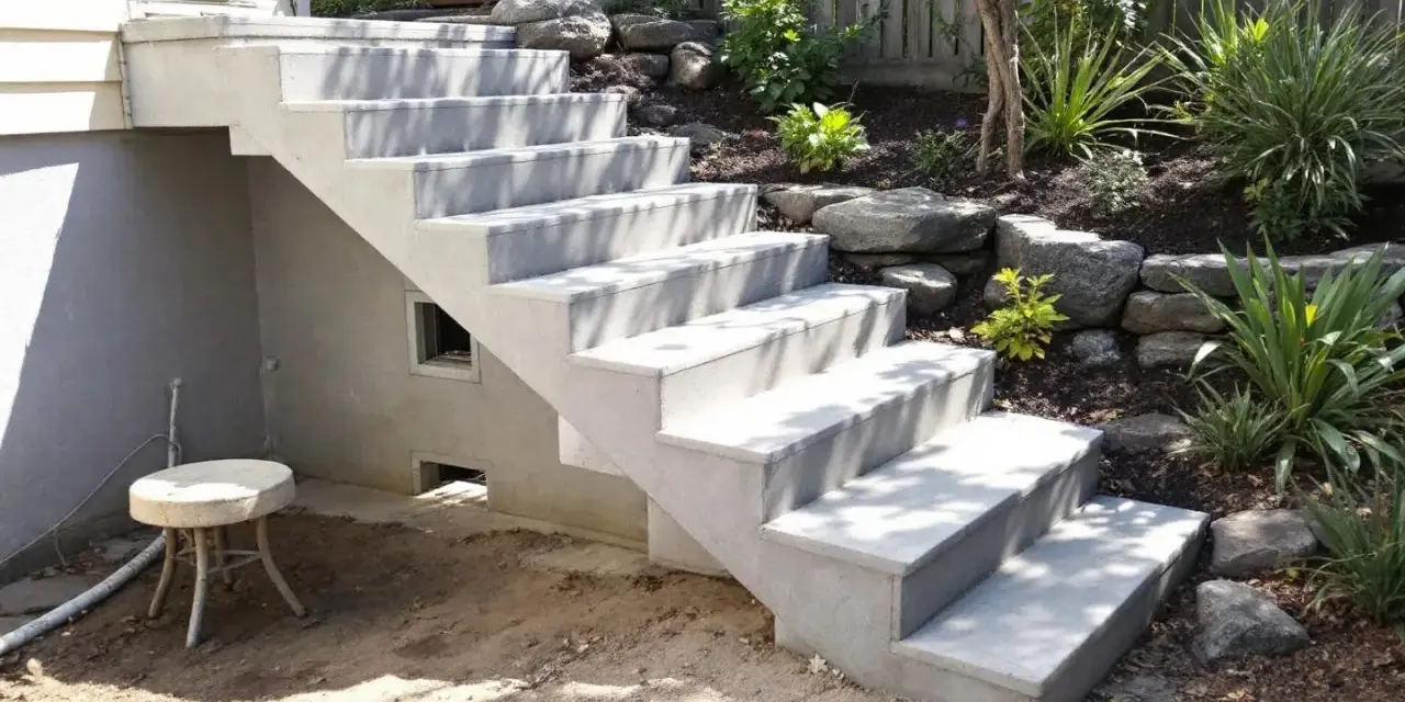 Un nouvel escalier extérieur en béton mène à un jardin paysager avec des rochers et des plantes luxuriantes.