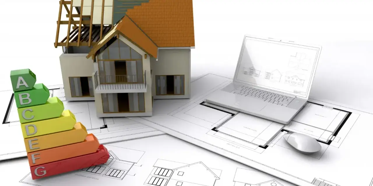 Maquette de maison, échelle d'énergie, plans et ordinateur portable. L'isolation RGE Qualibat est essentielle pour une maison performante.