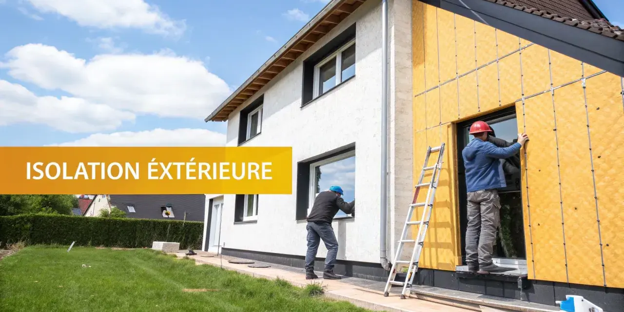 Des ouvriers installent une isolation extérieure sur une maison. Ce chantier modenature ite améliore le confort et l'efficacité énergétique.