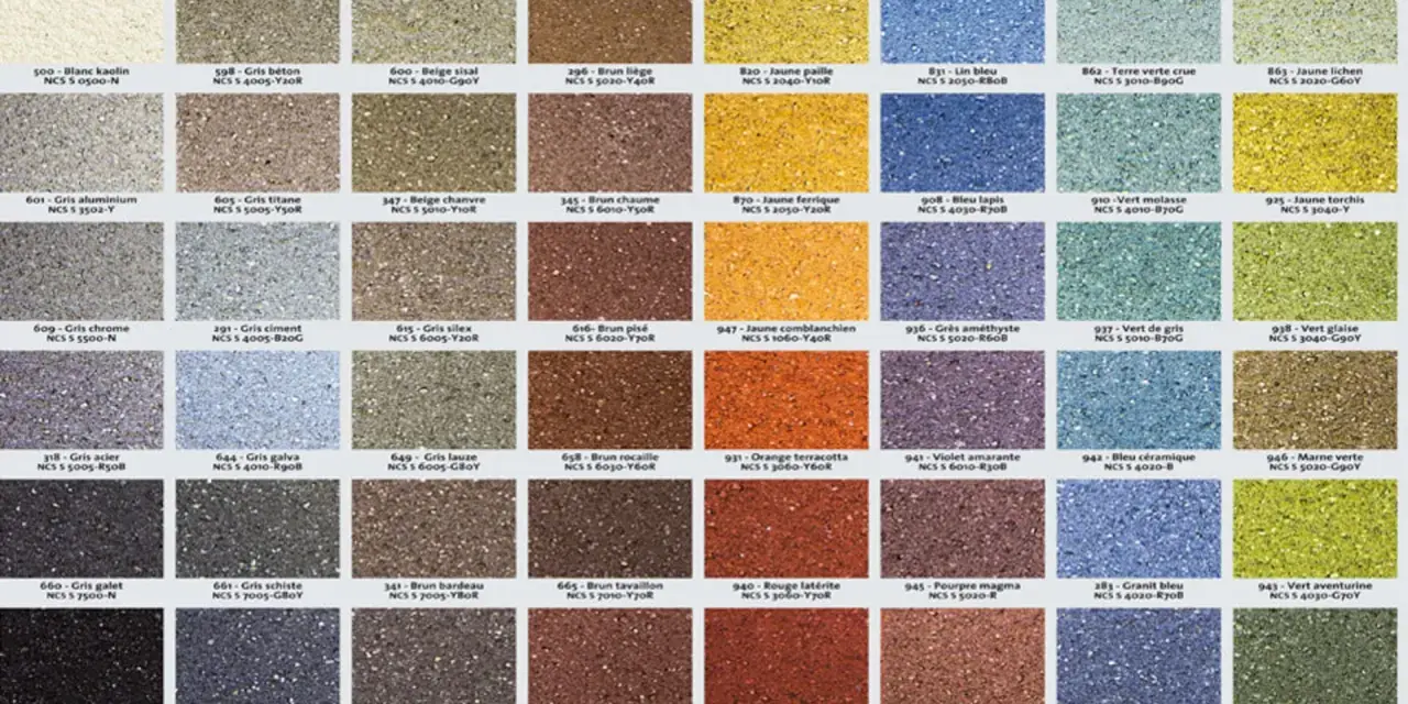 Échantillons de couleur enduit facade : une grille de 60 carrés présentant des textures granuleuses dans une palette de gris, bruns, jaunes, bleus, verts et rouges.