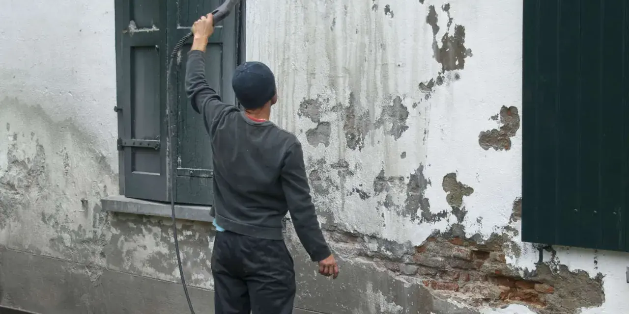 Un homme utilise un nettoyeur haute pression pour le sablage facade, révélant la brique sous l'enduit décrépit.