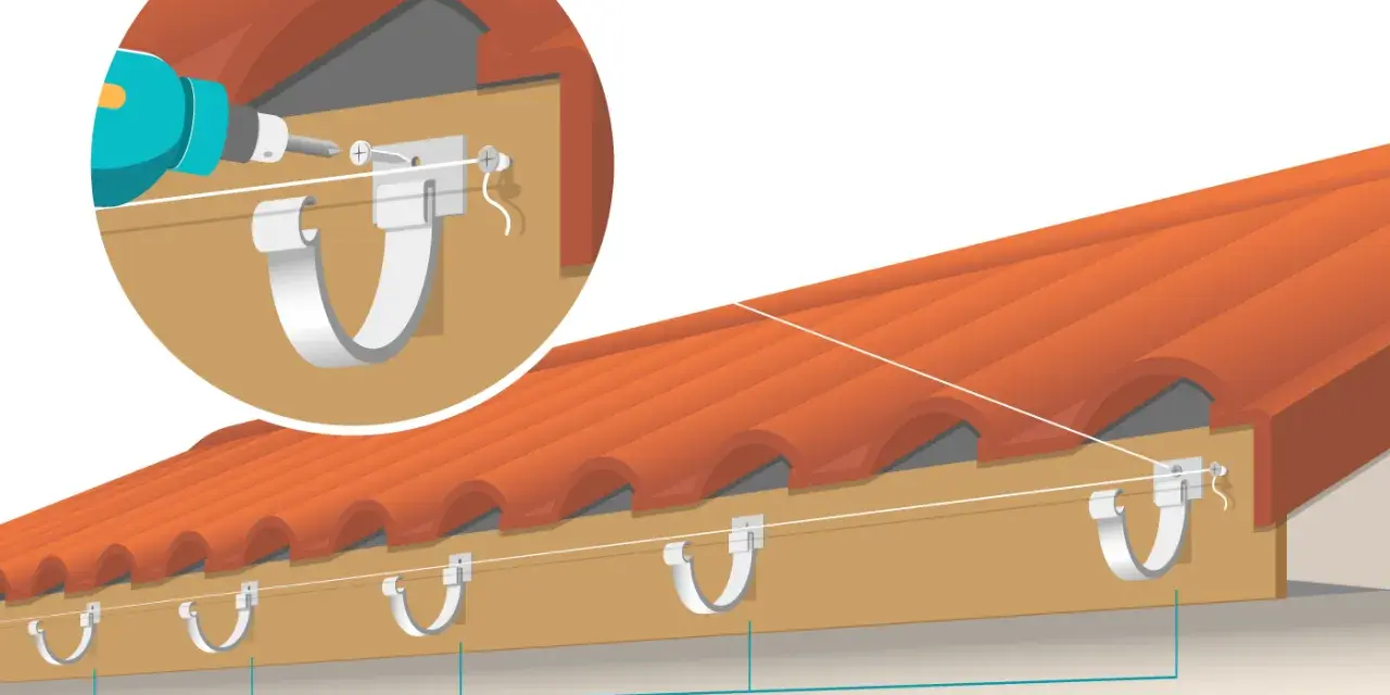 Illustration montrant la pose de gouttière PVC. Une perceuse fixe un support sur la planche de rive, à 50 cm d'intervalle.