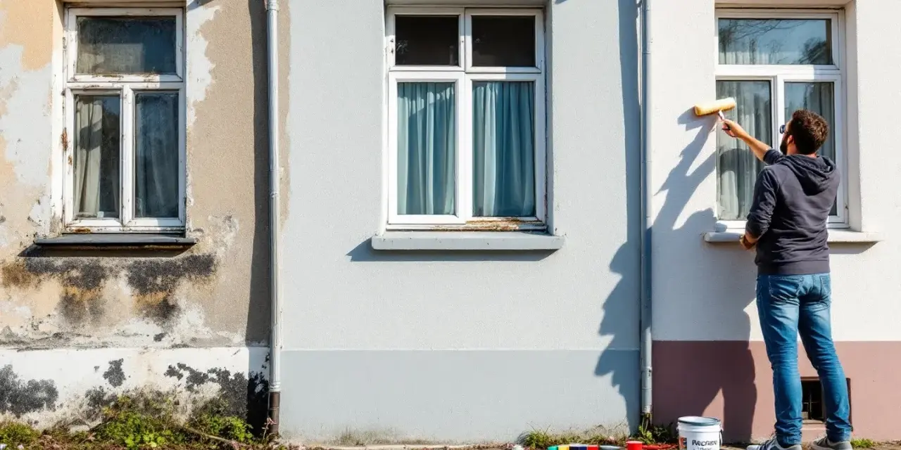 Un homme rénove une façade, appliquant un nouvel enduit soubassement. Des échantillons de couleurs et un pot de peinture sont prêts.