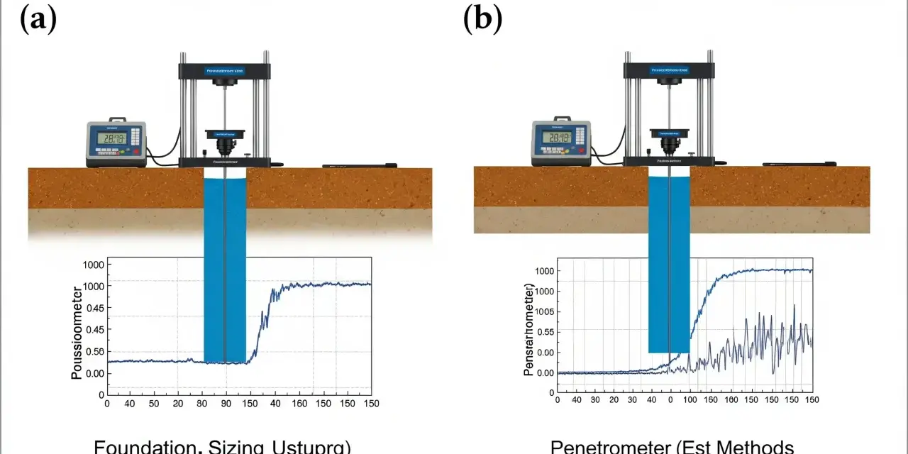 Schémas comparant deux méthodes d'essai pour le dimensionnement de la semelle de fondation : un poussiomètre et un pénétromètre.