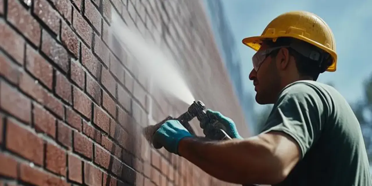 Un ouvrier en casque jaune nettoie un mur de briques avec un jet d'eau, assurant l'évacuation eau de pluie.