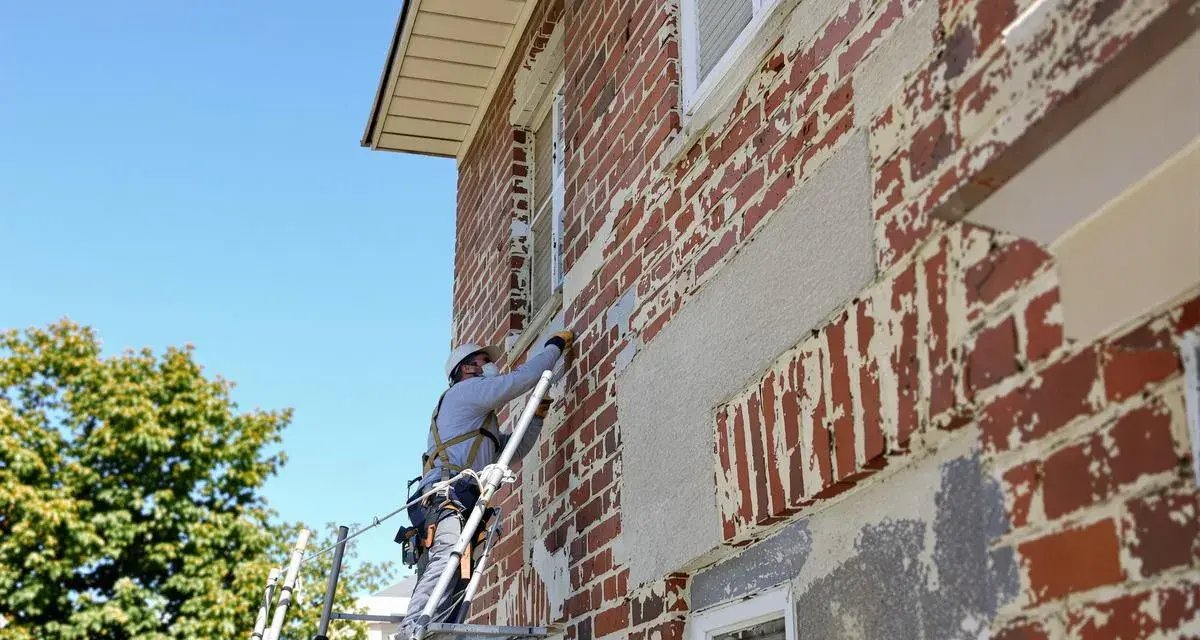 Un ouvrier sur un échafaudage réalise l'embellissement d'une façade de maison en briques rouges, sous un ciel bleu.