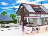 Maison passive avec panneaux solaires, borne de recharge pour voiture électrique, et système de chauffage/refroidissement intégré.