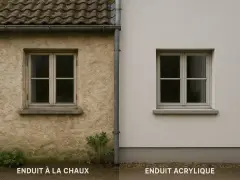 Comparaison de deux façades : un mur à la chaux texturé et un mur acrylique lisse, avec des fenêtres similaires.