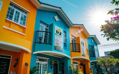 Maisons colorées D2 et D3 sous un soleil éclatant. La peinture vive des façades orange et bleu turquoise attire le regard.
