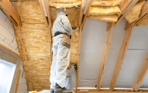 Pose de **panneau isolant toiture** dans un grenier par des ouvriers en combinaison.