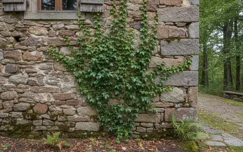 Lierre grimpant sur un mur de soubassement en pierre, près d'une fenêtre avec volets en bois. La végétation s'épanouit sur la façade ancienne.