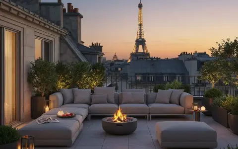 Aménagement toit terrasse parisien avec vue sur la Tour Eiffel, mobilier confortable et feu de camp.