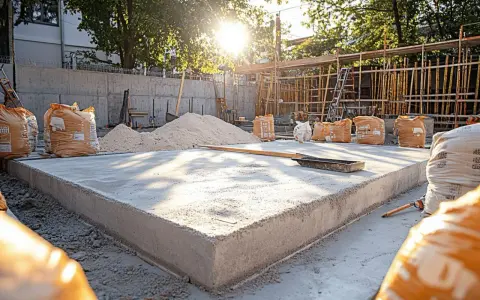 Chantier de terrasse : sacs de matériaux pour terrasse béton, sable et béton frais sous le soleil.