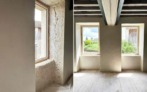 Avant/après : l'isolation chaux chanvre transforme une pièce. Les murs bruts laissent place à une finition lisse et chaleureuse.