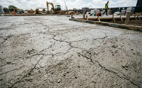 Dalle de béton fraîchement coulée présentant des fissures. Chantier en arrière-plan.