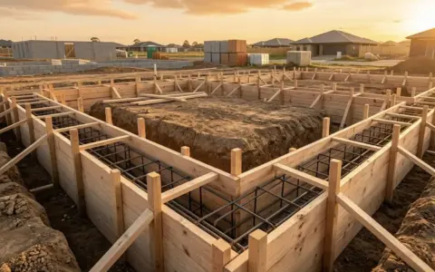 Construction d'une fondation : on peut voir le travail pour faire un coffrage en bois, prêt à recevoir le béton.