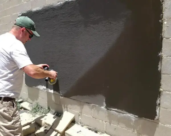 Un homme utilise une ponceuse pour araser un mur extérieur fraîchement enduit.