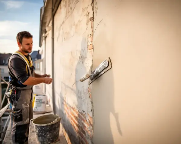 Un ouvrier applique un enduit sur agglo sur un mur extérieur, à l'aide d'une truelle. Le soleil se couche.