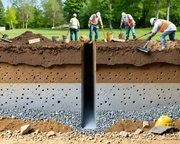 Des ouvriers creusent un puits pour un système de drainage. Le sol est représenté en coupe, montrant différentes couches poreuses.