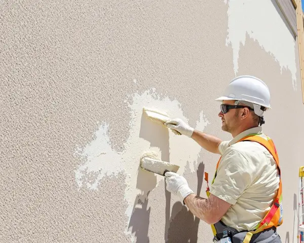 Un ouvrier en casque blanc applique un nouvel enduit sur une façade existante. Il utilise deux truelles pour refaire un enduit extérieur sur un enduit existant.
