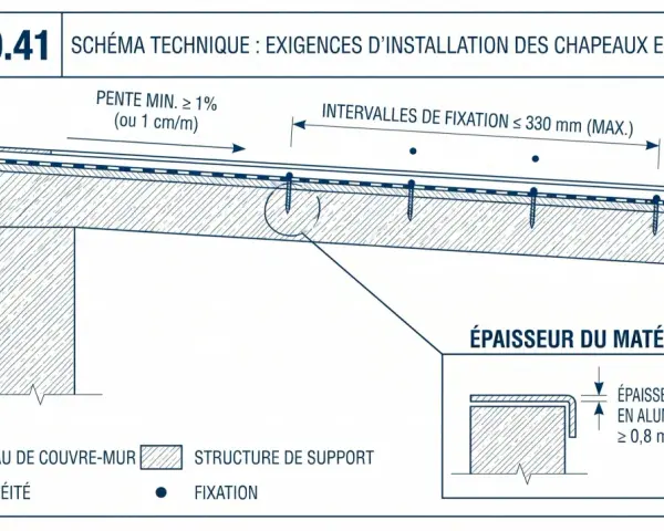 Schéma technique DTU 40.41 : installation de chapeaux en aluminium. Détail de la fixation et des intervalles de fixation.