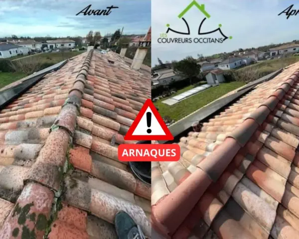 Avant/Après : toiture sale vs propre. Attention aux arnaques sur le traitement hydrofuge toiture.