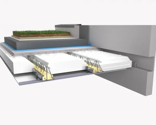 Coupe d'un toit végétalisé montrant des hourdis béton, des isolants et une structure métallique.