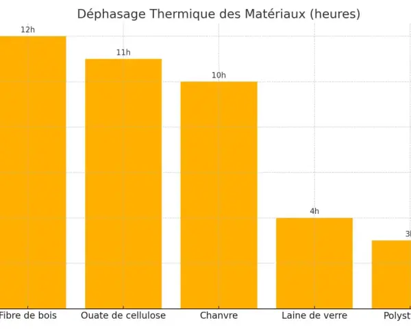 Graphique montrant le déphasage thermique des matériaux : fibre de bois (12h), ouate de cellulose (11h), chanvre (10h), laine de verre (4h), polystyrène (3h).