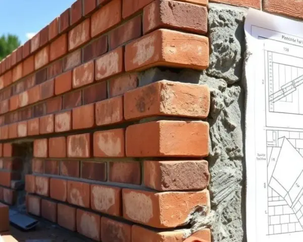 Mur en briques rouges, avec du béton de ciment visible sur le côté. Un plan de construction est épinglé.